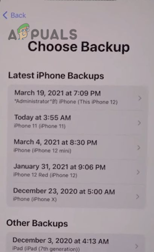 Select the latest backup, then tap on Continue