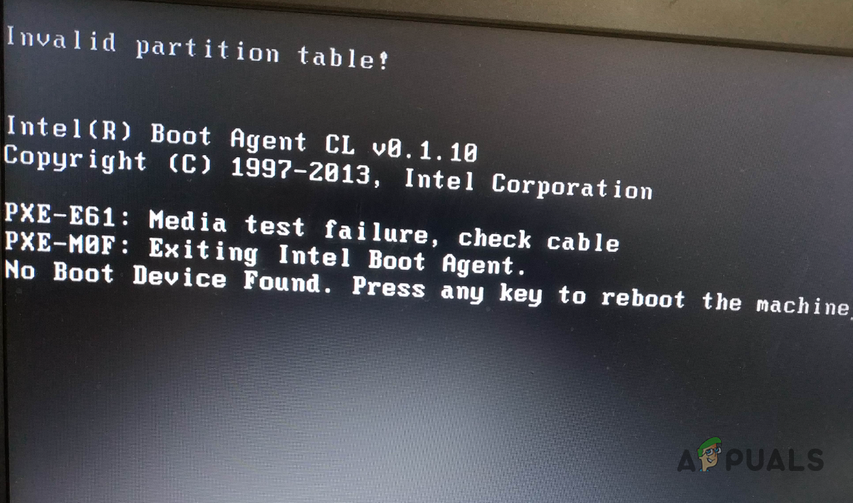 Invalid Partition Table Error Message