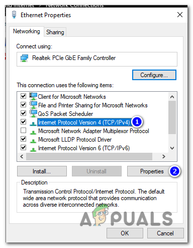 In the connection properties window, you'll see a list of items. Find and select "Internet Protocol Version 4 (TCP/IPv4)" and click on the "Properties" button.
