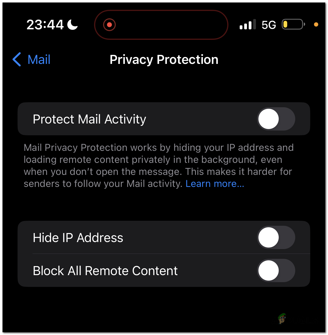 Turn off the "Protect Mail Activity", "Block All Remote Content" and "Hide IP Address" settings.