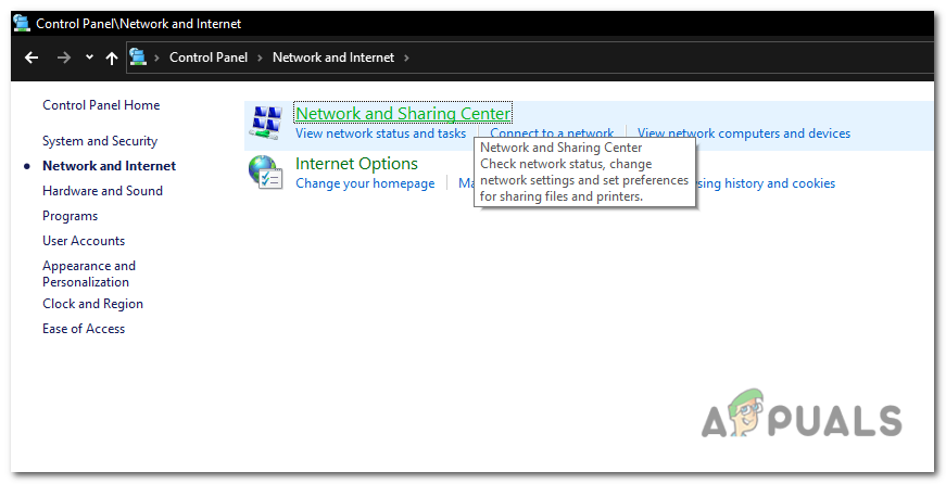 In the Control Panel, click on "Network and Internet" and then "Network and Sharing Center."