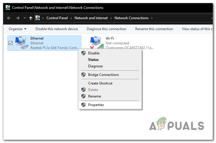 You will see a list of network connections. Select the connection that you are currently using (e.g., Ethernet or Wi-Fi). Right-click on it and choose "Properties" from the context menu.