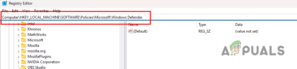 Navigating to Windows Defender Registry Path