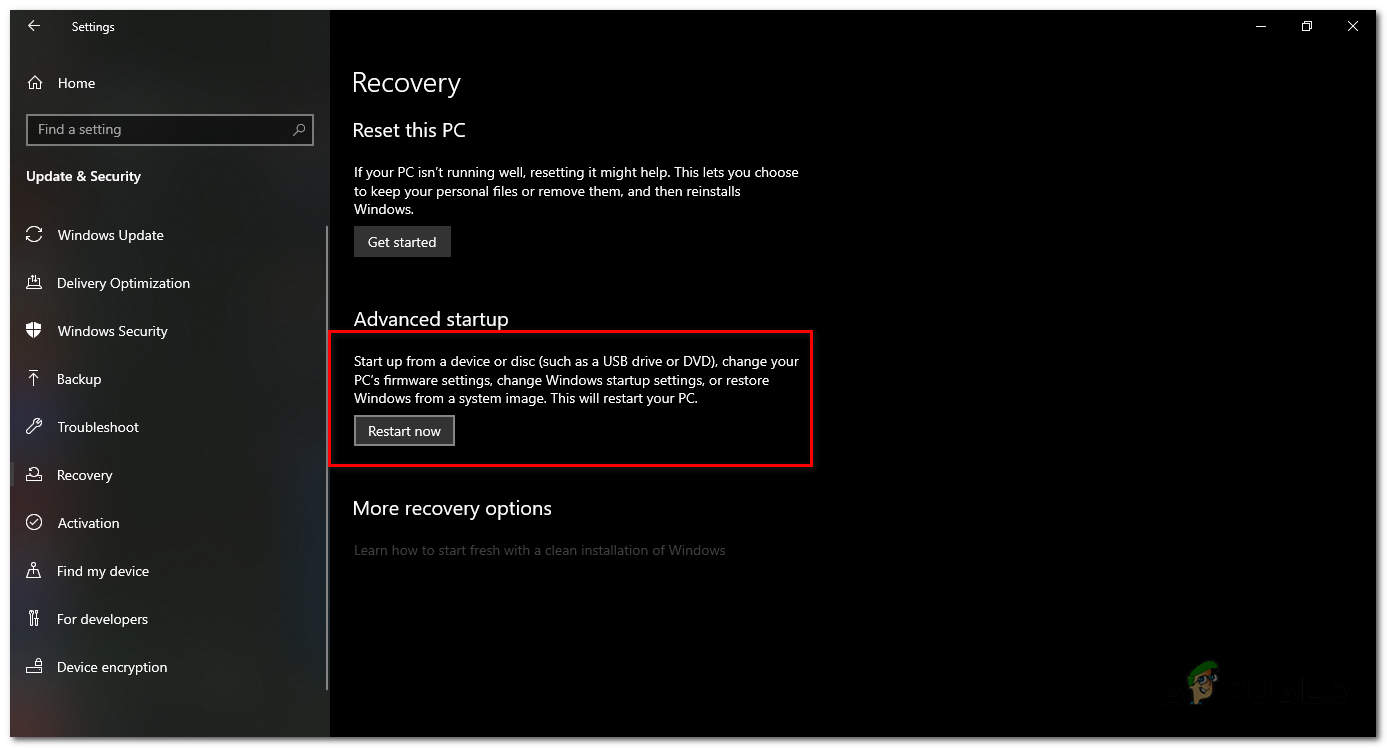 In the Recovery section, click on the "Restart now" button under the "Advanced startup" option
