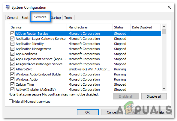 In the System Configuration window, go to the “Services” tab.