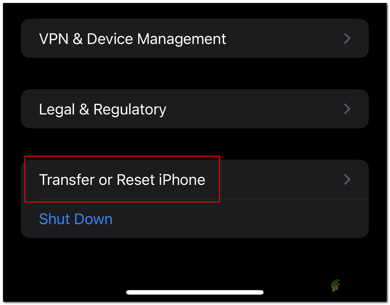 Scroll down and go to "Transfer or Reset iPhone", and then tap Reset.