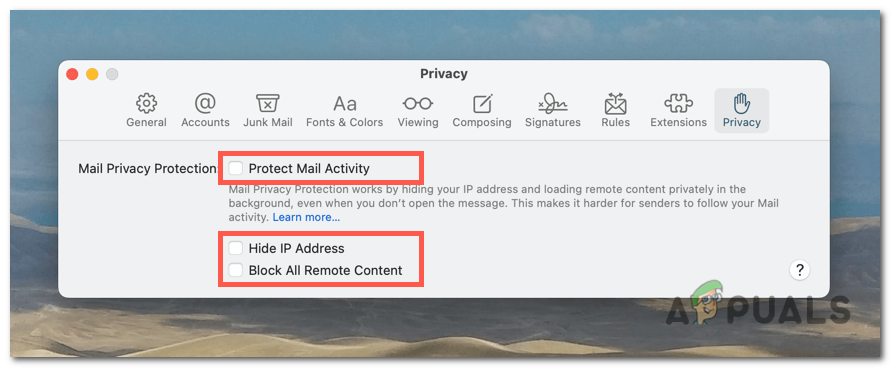 Uncheck the boxes next to "Protect Mail Activity", "Hide IP Address" and "Block All Remote Content".