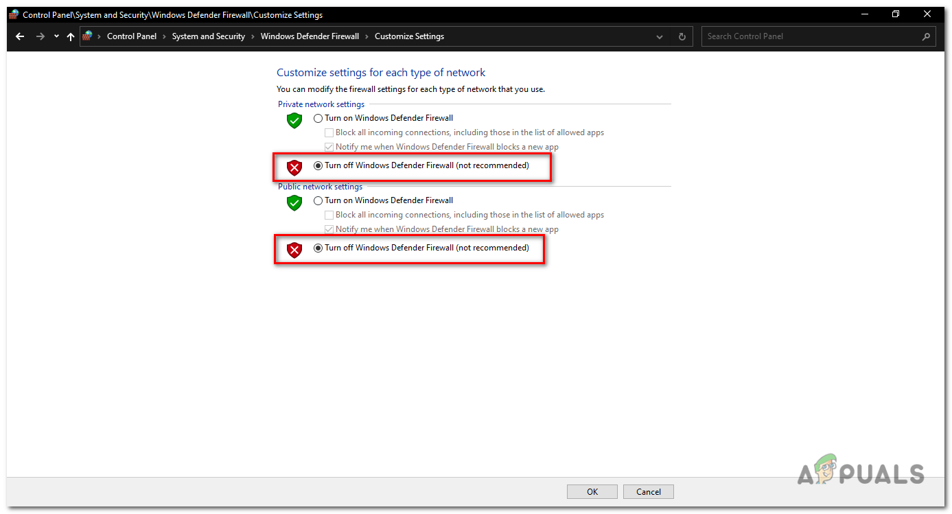 Under both the Public Network settings and Private Network settings tabs, select the option "Turn off Windows Defender Firewall.