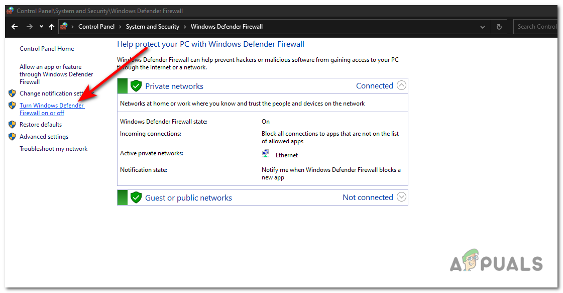 In the Windows Defender Firewall settings window, click on "Turn Windows Defender Firewall on or off."