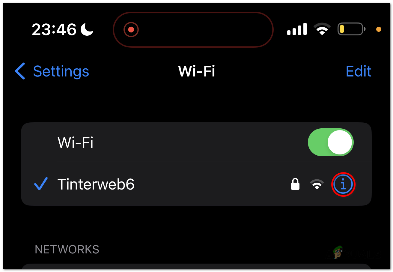 Press the info icon next to the Wi-Fi network.