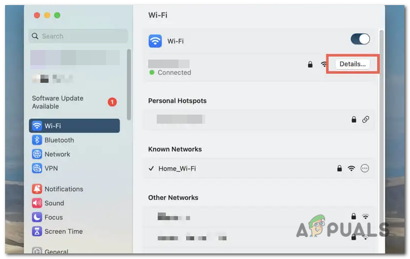 Press the "Details" button next to the Wi-Fi network you are connected to.