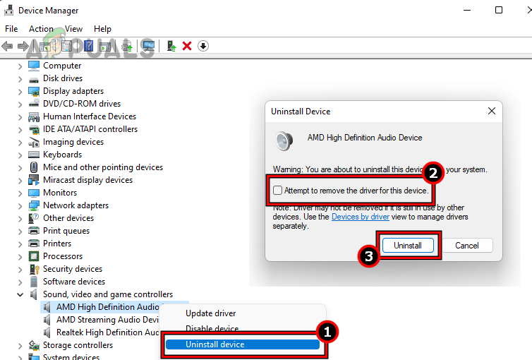 Uninstall the Audio Driver and Select Attempt to Remove the Driver for This Device