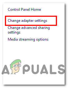Selecting Change adapter settings