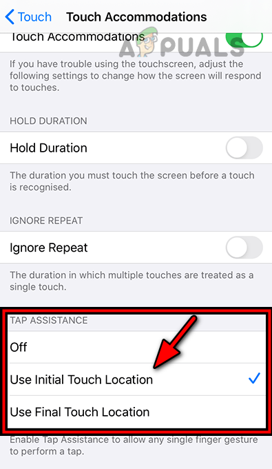 Enable Use Initial Touch Location in the iPhone's Touch Accomodations Settings