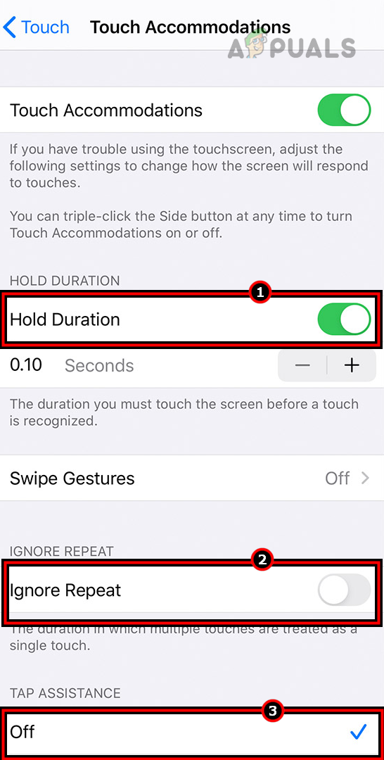 Enable Hold Duration and Disable Ignore Repeat and Touch Assistance on the iPhone