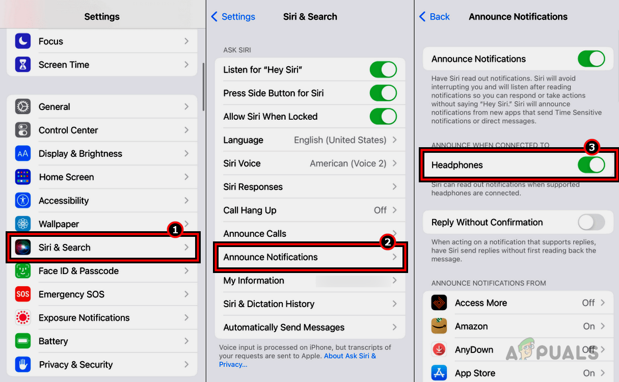 Disable Headphone in the Announce Notifications Menu of Siri & Search Settings on the iPhone