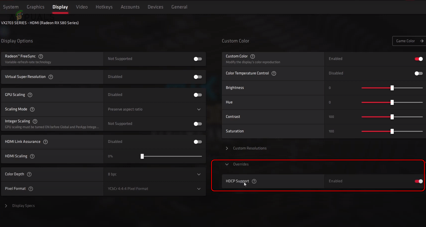 Disable HDCP Support in the AMD Settings