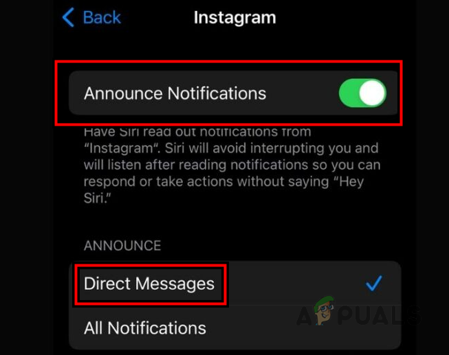 Enable Announce Notifications for Instagram and Change its Announce Type to Direct Messages