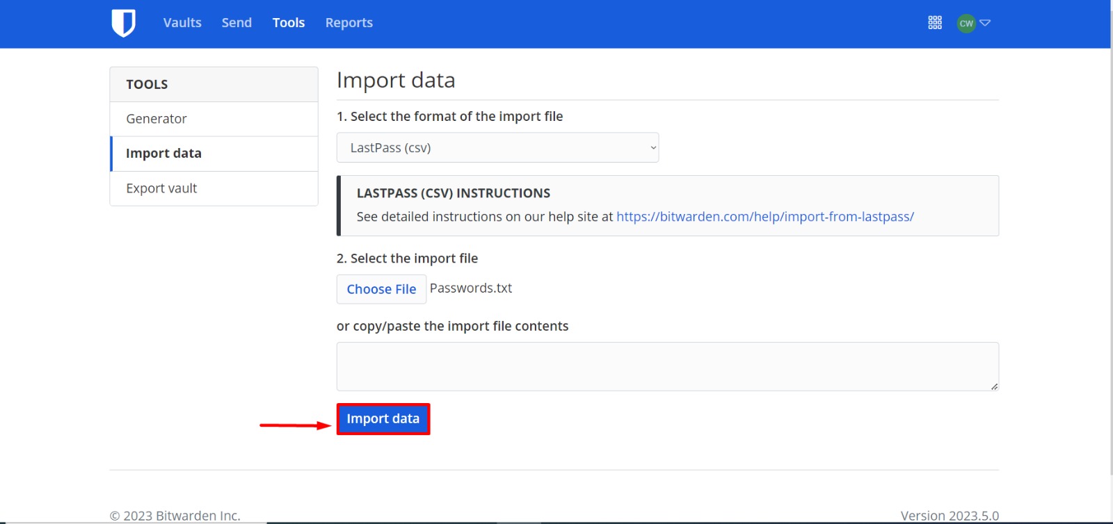 Click Import data to initiate process