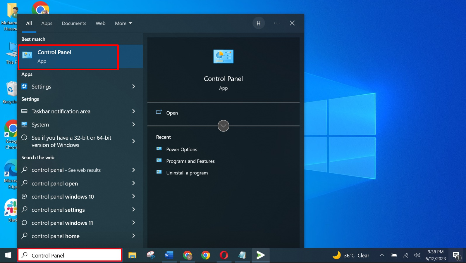 Search Control penal from Start menu
