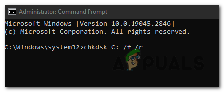 In the Command Prompt window, type "chkdsk C: /f /r" and press Enter.