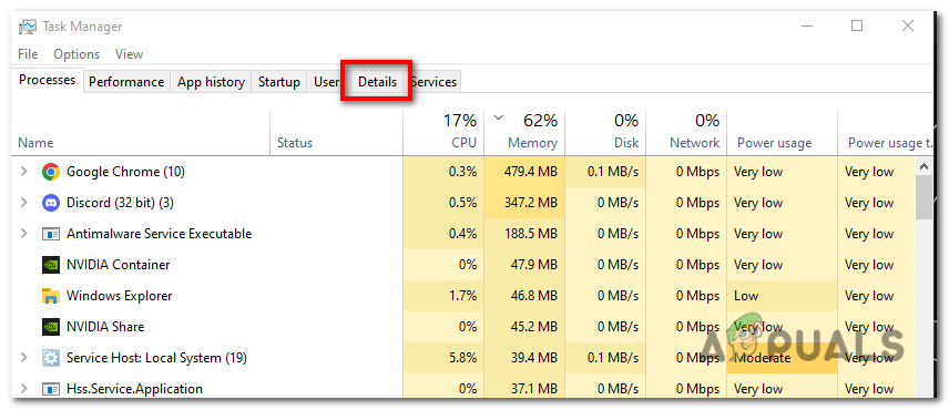 Depending on your version of Windows, either switch to the "Processes" or "Details" tab in Task Manager.
