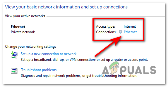 In the Network and Sharing Center, click on the active network connection you are using. This could be labeled as "Ethernet" or "Wi-Fi," depending on your connection type.