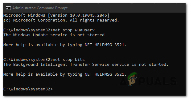 In the Command Prompt window, type the following commands one by one and press Enter after each: "net stop wuauserv" and "net stop bits".