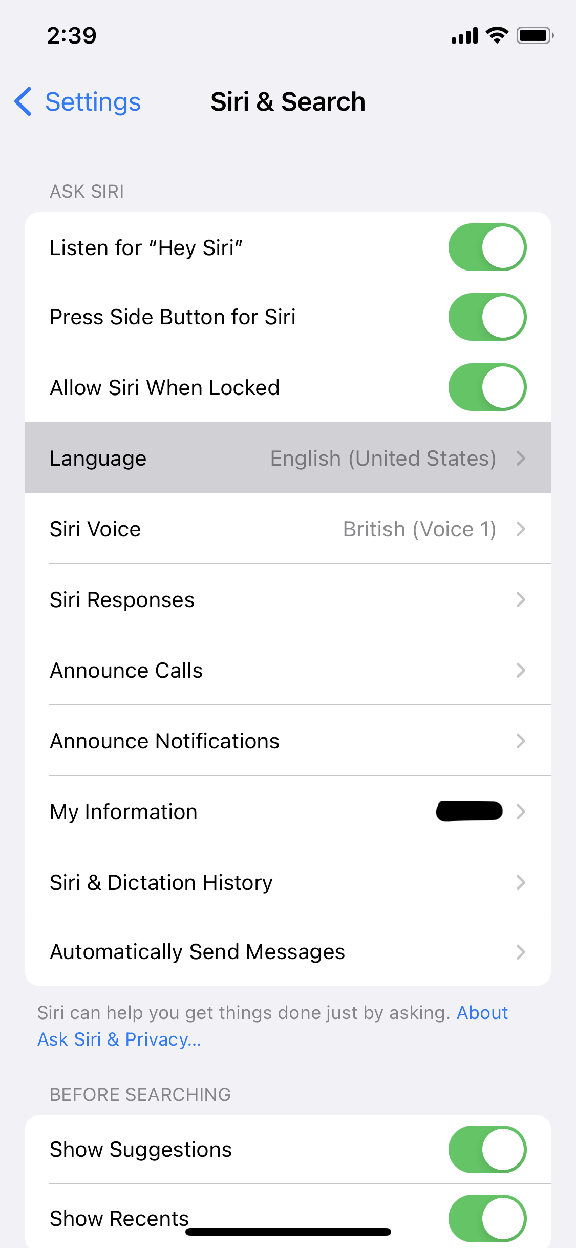 iPhone Siri language settngs screenshot