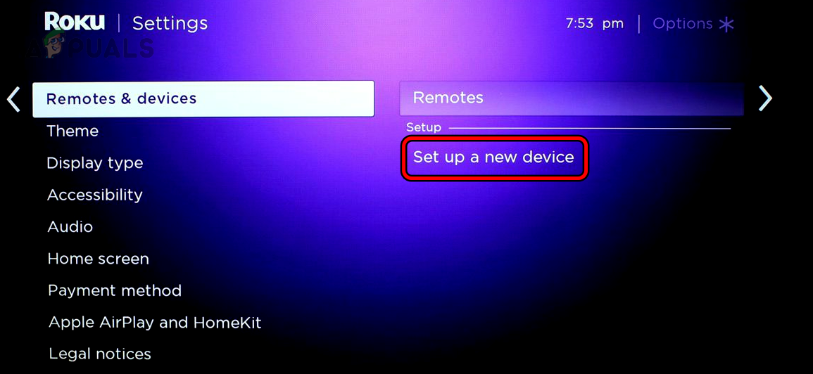 Open Setup a New Device in the Remotes & Devices Section of the Roku Settings