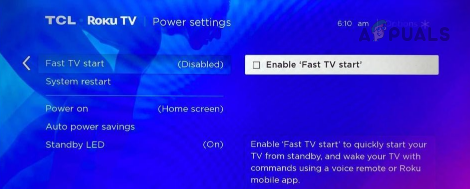 Disable Fast Start TV in the TCL TV Settings