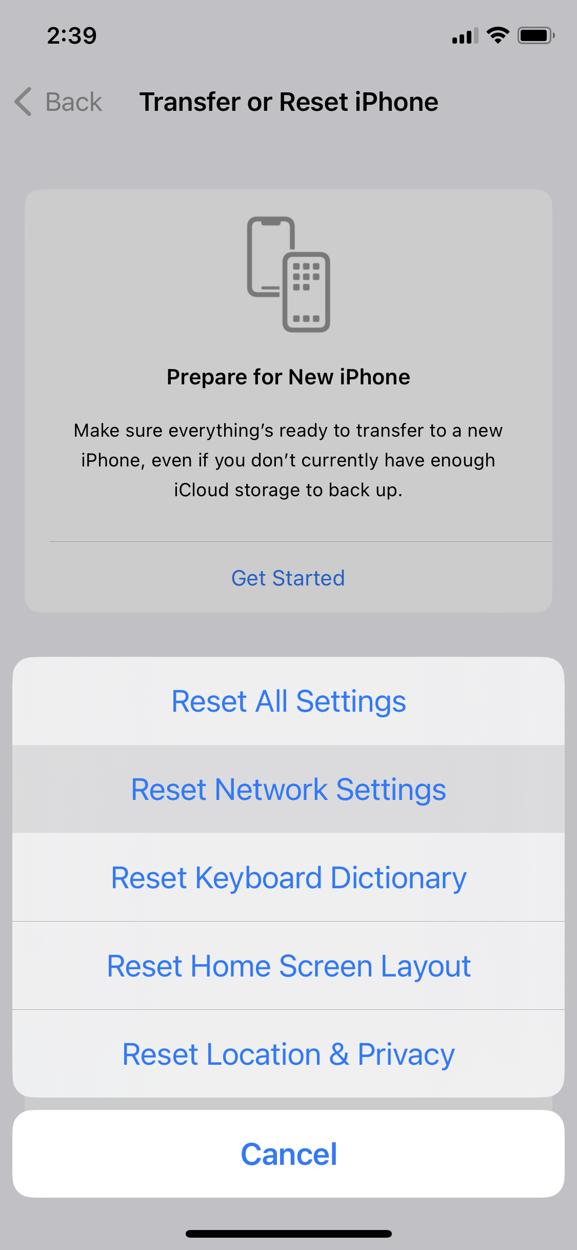 iPhone Reset Network Settings screenshot