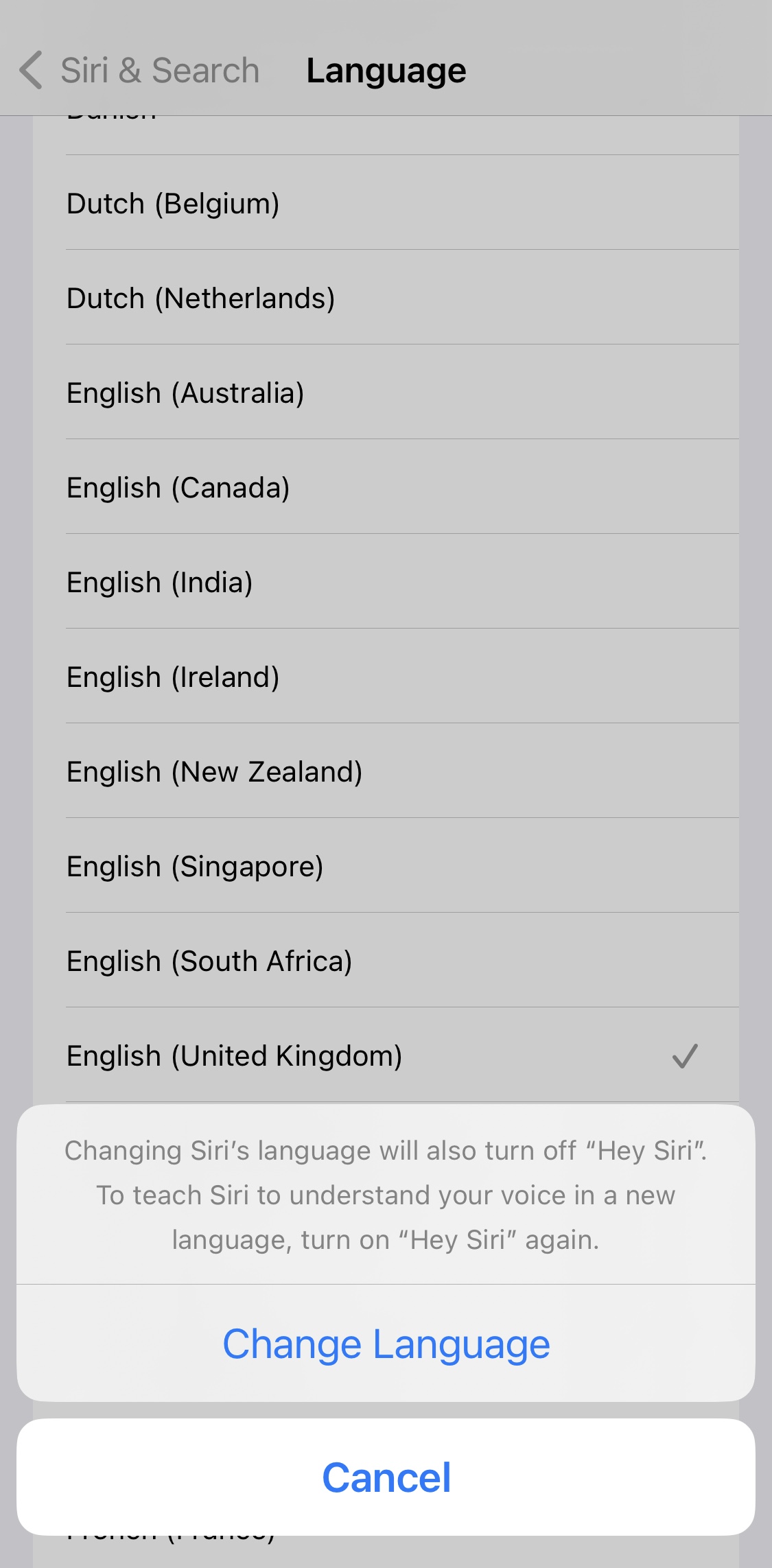 iPhone siri language settings screenshot