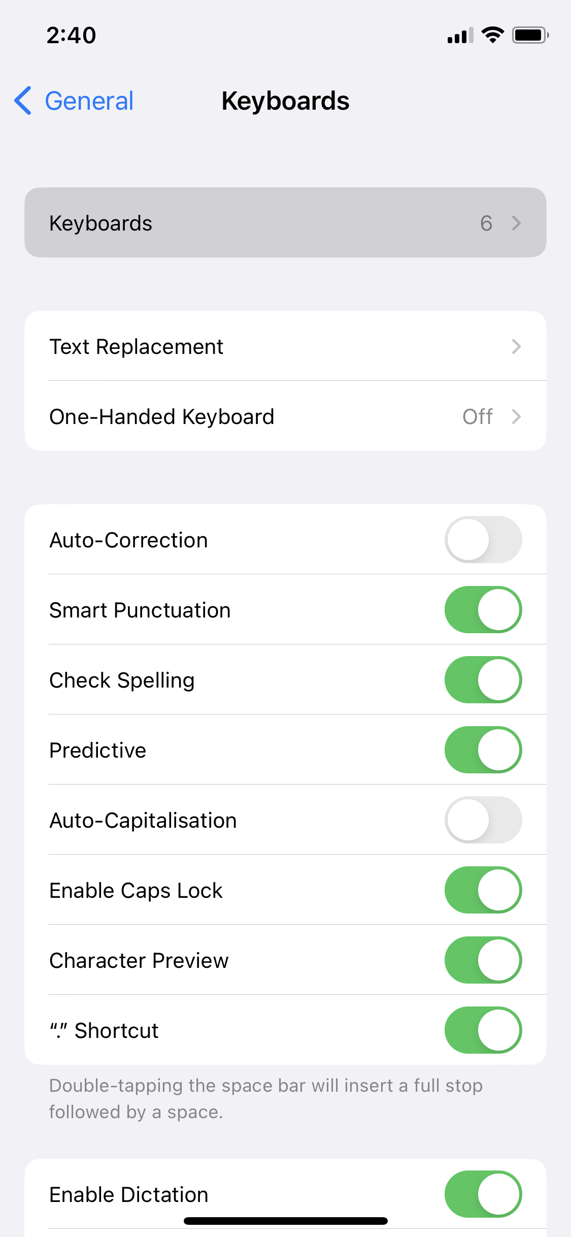 iPhone keyboards settings screenshot