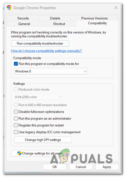 Selecting the Windows 8 compatibility