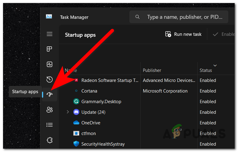Accessing the Startup apps menu