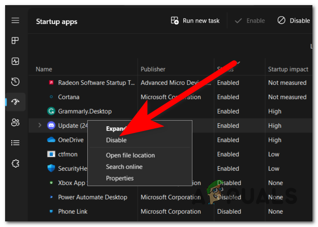 Disabling the Startup apps