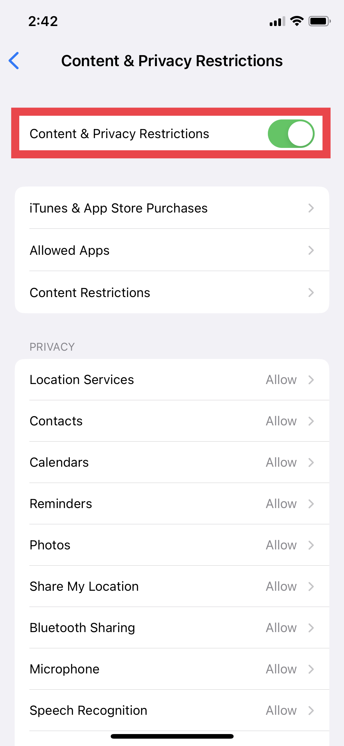 iPhone C&P settings screenshot