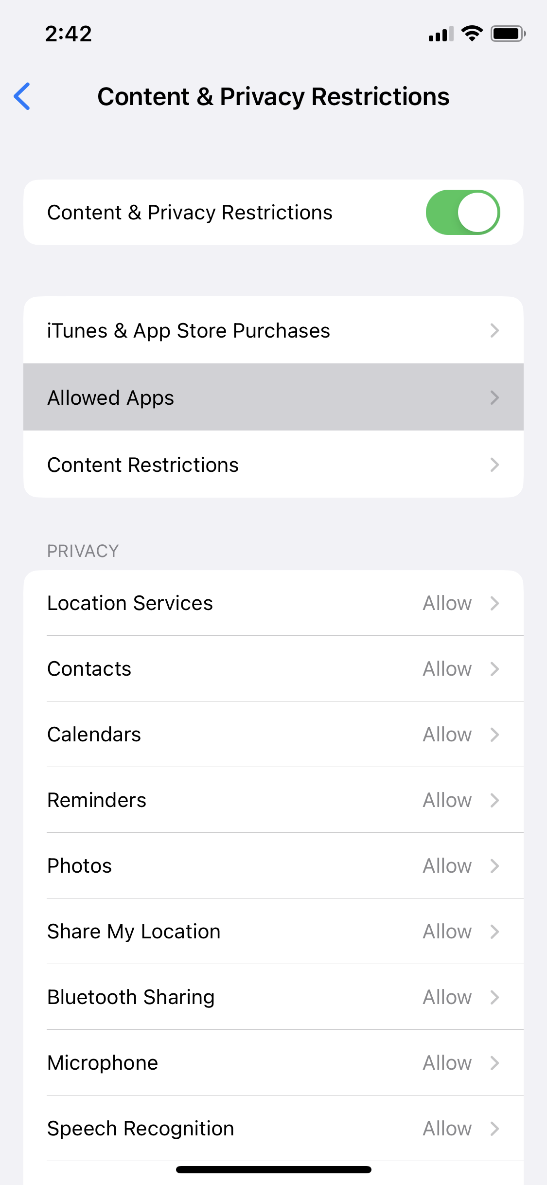 iPhone Allowed Apps screenshot