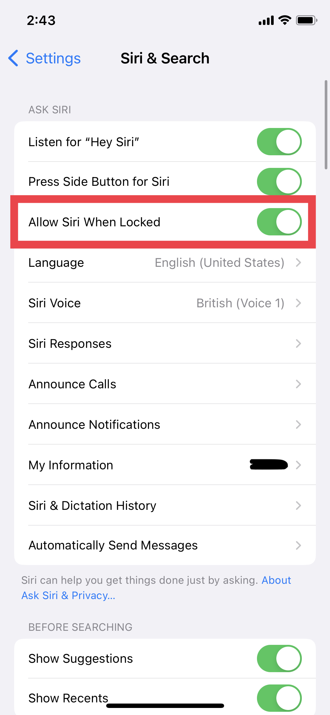 iPhone Allow Siri When Locked screenshot