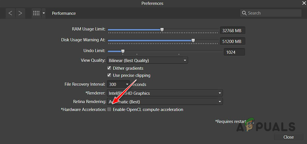 Disabling Hardware Acceleration in Affinity Photo