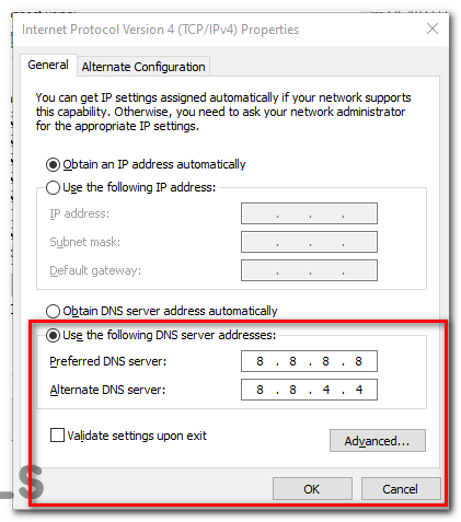 Select the "Use the following DNS server addresses" option and enter Googles DNS server.