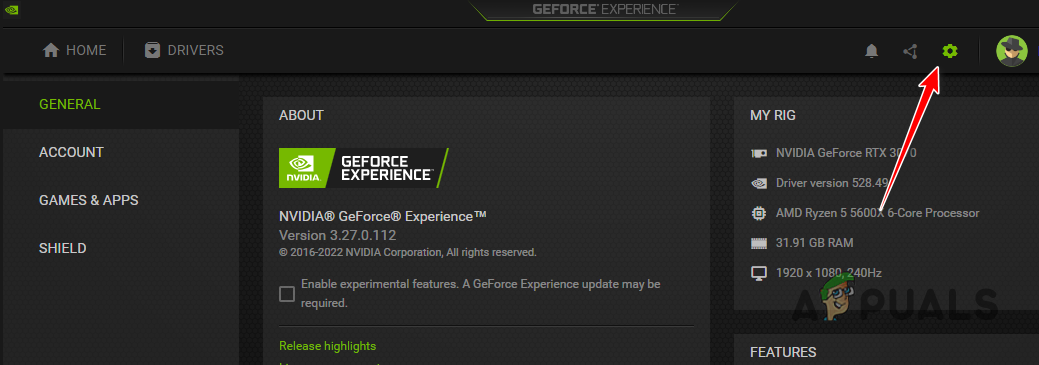 Opening GeForce Experience Settings