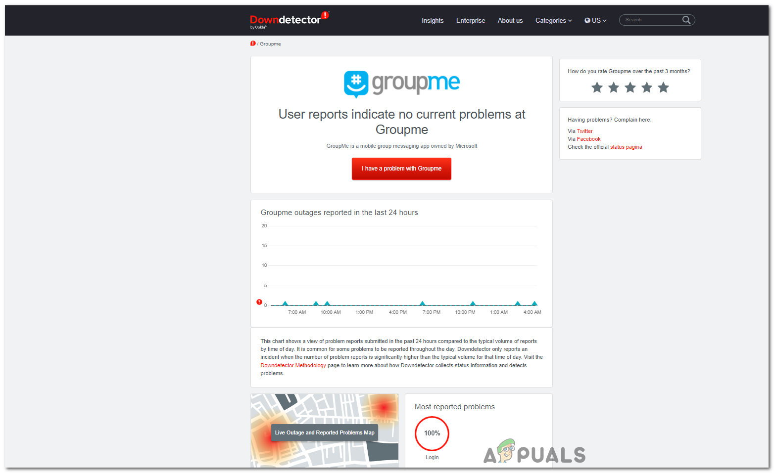 Downdetector page for GroupMe's servers.