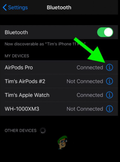Navigating to Paired AirPods Settings