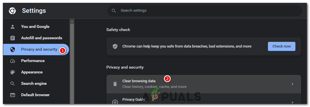 In the Privacy and Security tab, click on "clear browsing data."