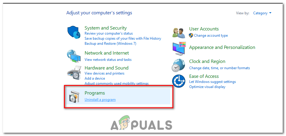 In the Control Panel window, select "Uninstall a program" under the Programs section.