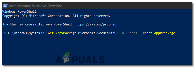 In the Windows PowerShell window, type the following command to reset the Windows Security app.