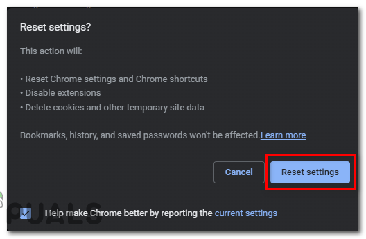 Click "Reset settings" to confirm.