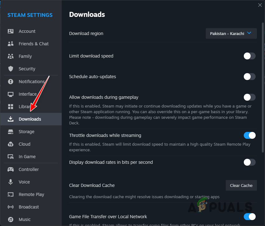 Switching to Downloads Settings